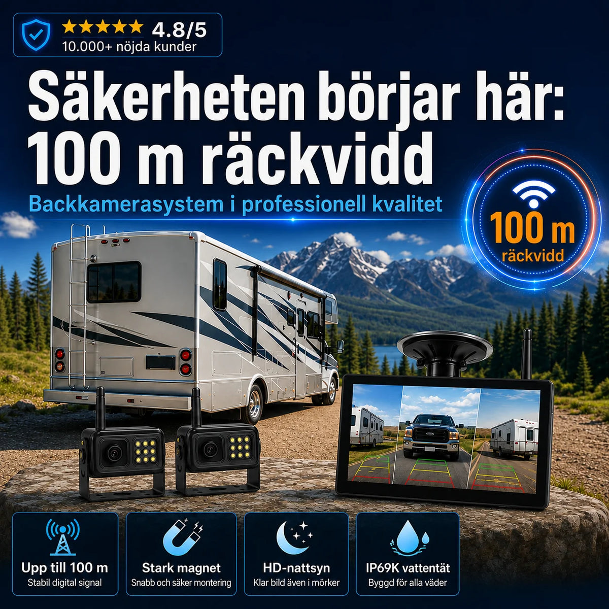 Trådlöst 1080P Multikamerasystem (komplett paket med 4 trådlösa kameror och en central bildskärm) - Över 6500 sålda! Begränsat lager